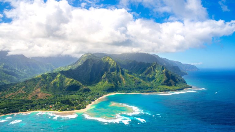 Beautiful island under bright blue sunny skies